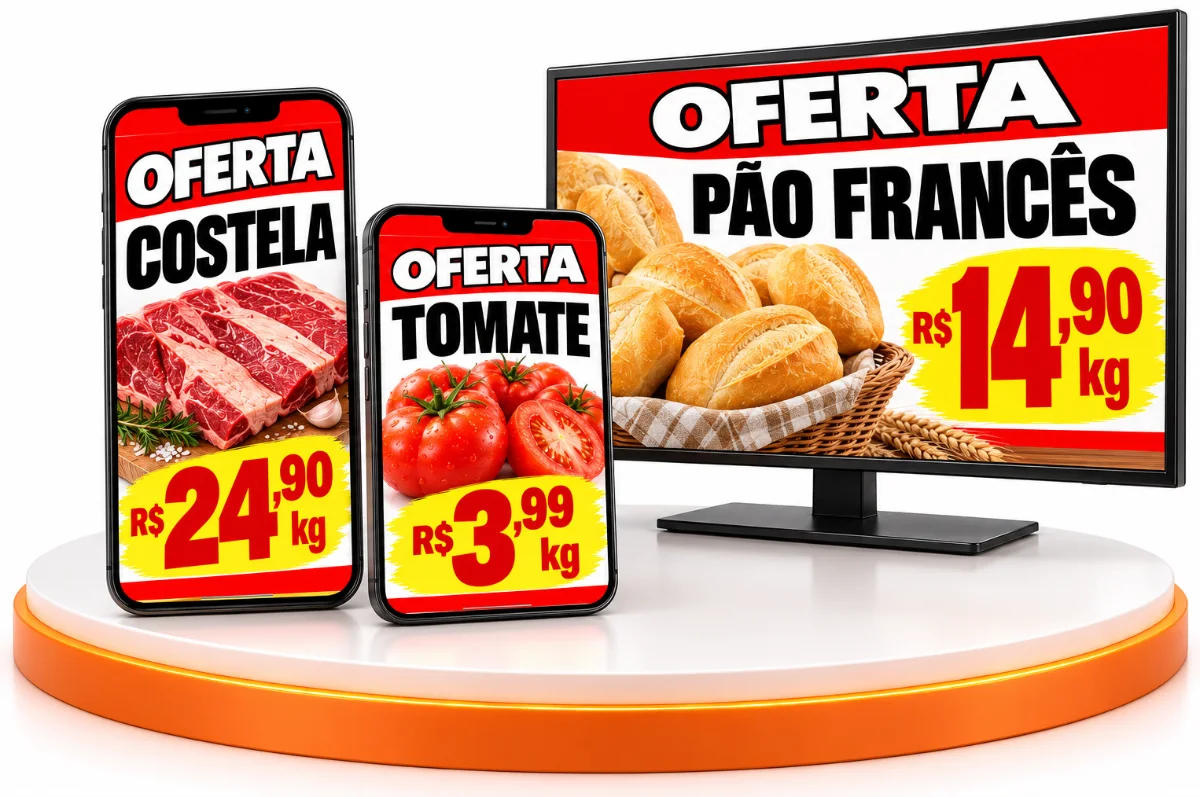 Celulares e TV da loja mostrando a mesma oferta no estilo do cartaz
