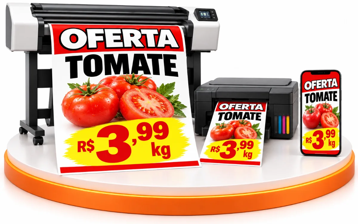 Plotter imprimindo cartaz A1 de oferta de tomate, com a versão A4 e o Story no celular